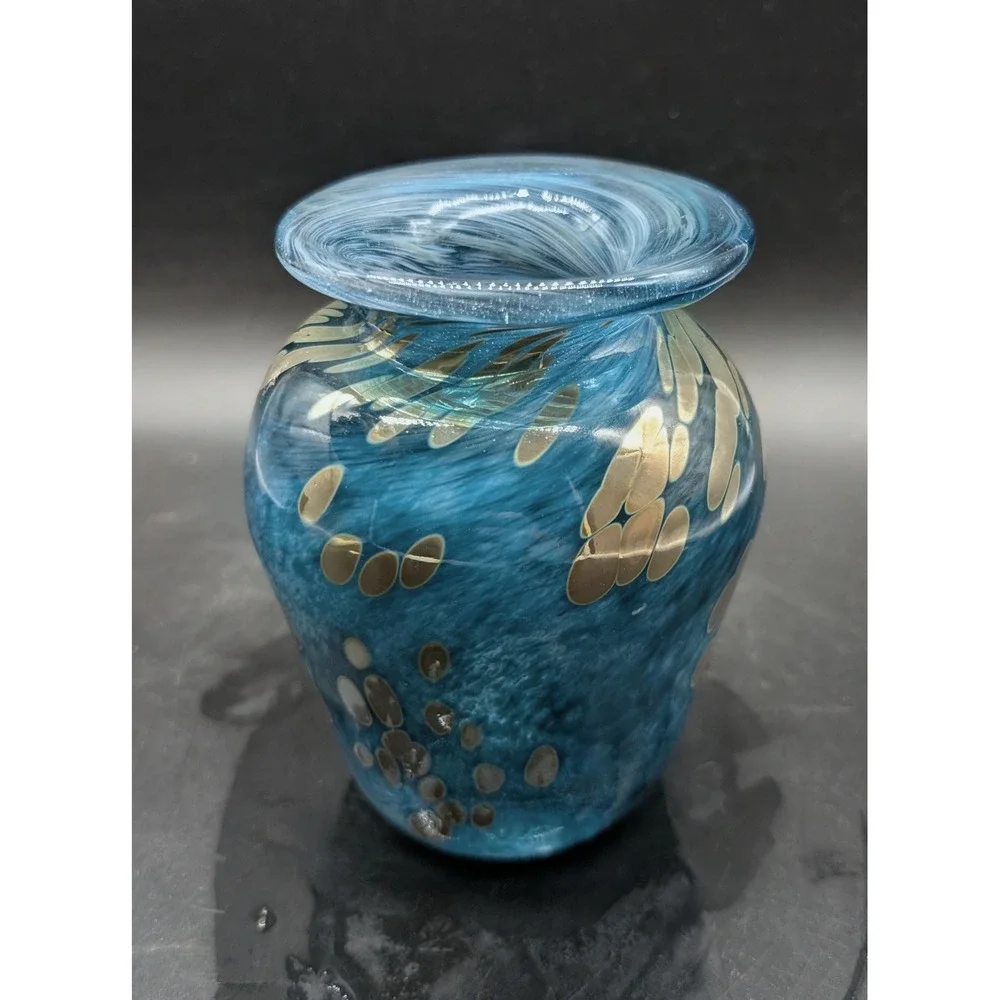 Hand Blown Blue Art Glass Vase Swirl Pebble Pattern Metallic Accents Artisan 6